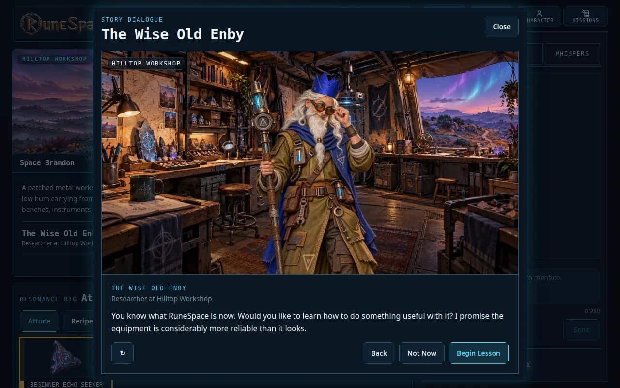 Story dialogue with the Wise Old Enby at Hilltop Workshop on Stillreach
